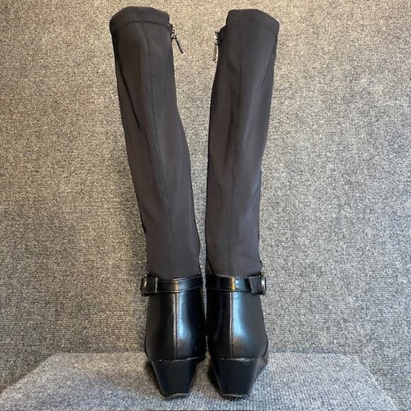Kenneth Cole Reaction Tip Dress Black Knee High Stretch Boots Womens 8 Wedge - Picture 5 of 10